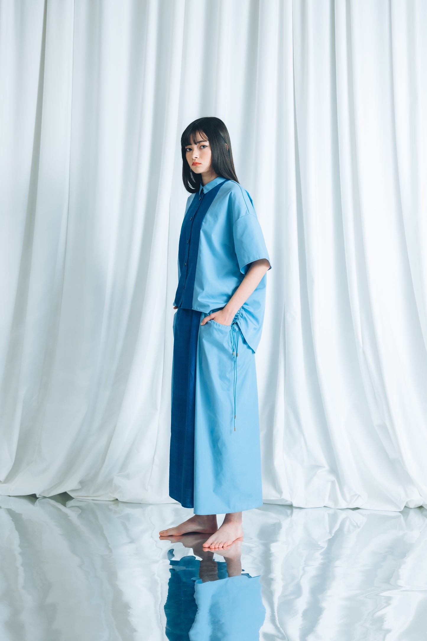 【YOAKE】 ロングギャザースカート(Blue)
