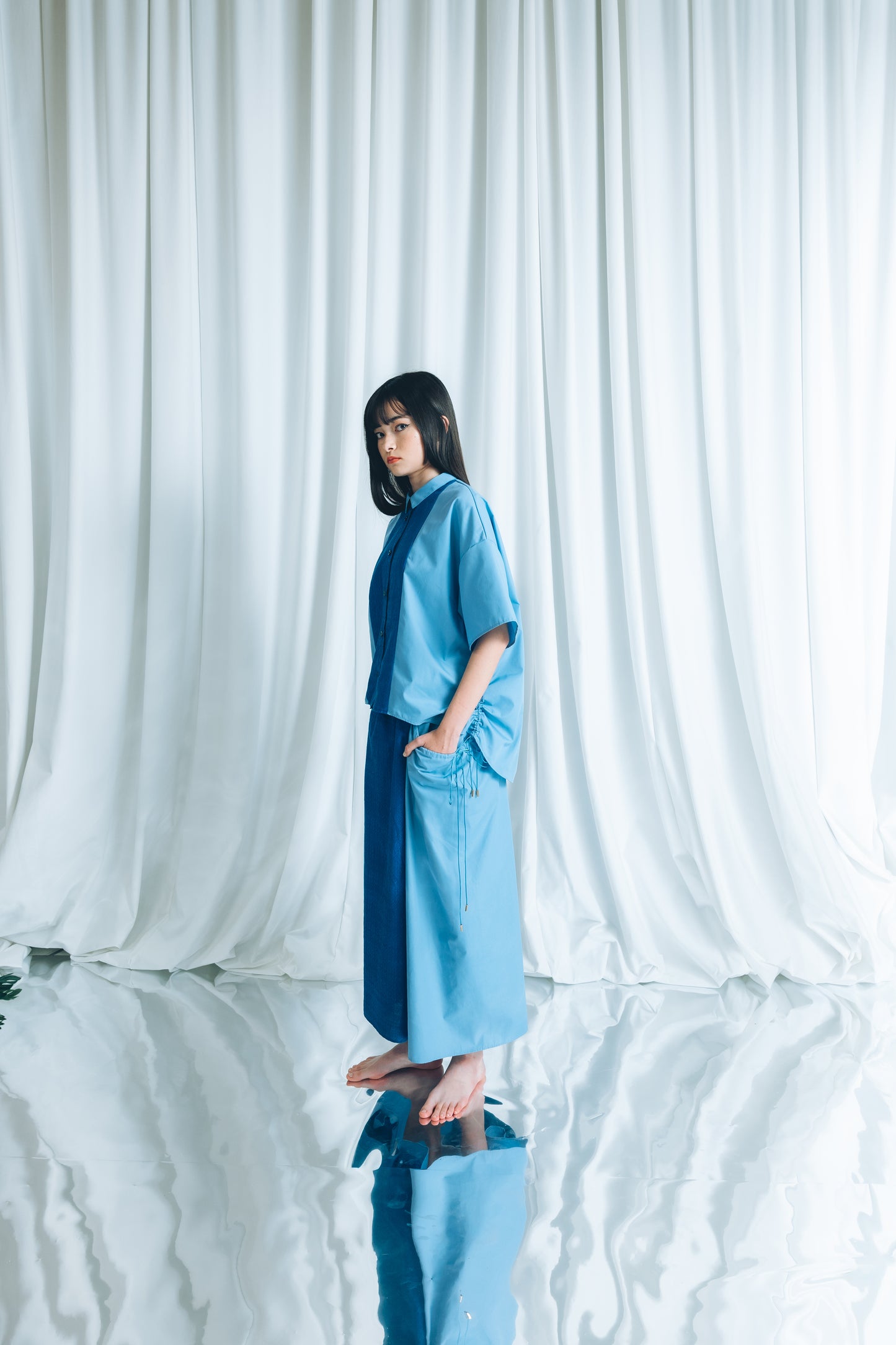 【YOAKE】 ロングギャザースカート(Blue)
