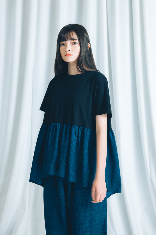【YOAKE】 ギャザーTOPS(Black×Navy)