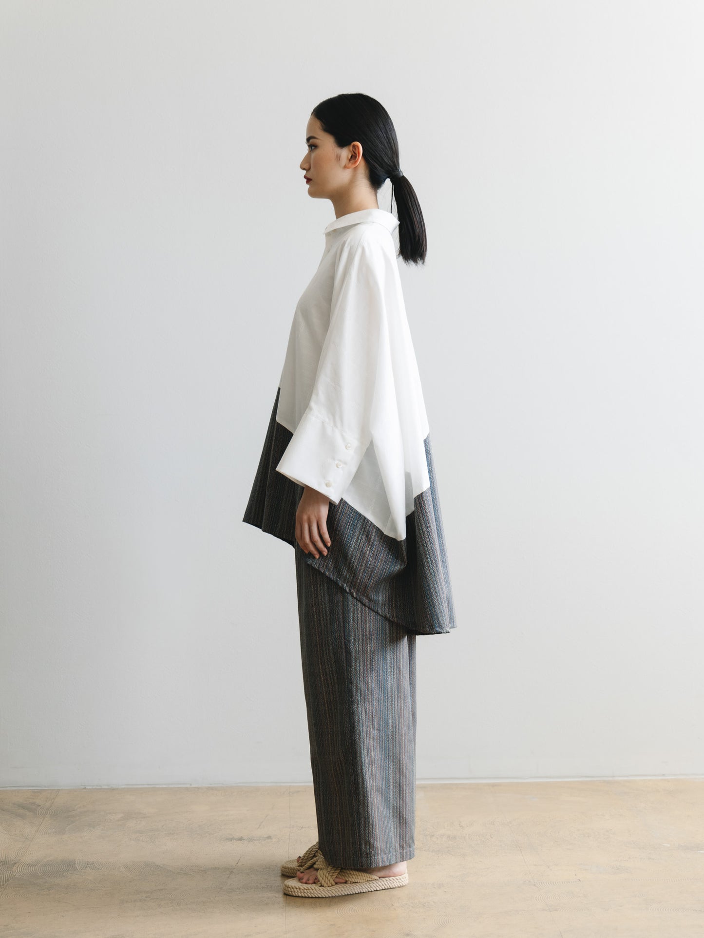 【YOAKE】2WAY長袖シャツチュニック (White×Gray)