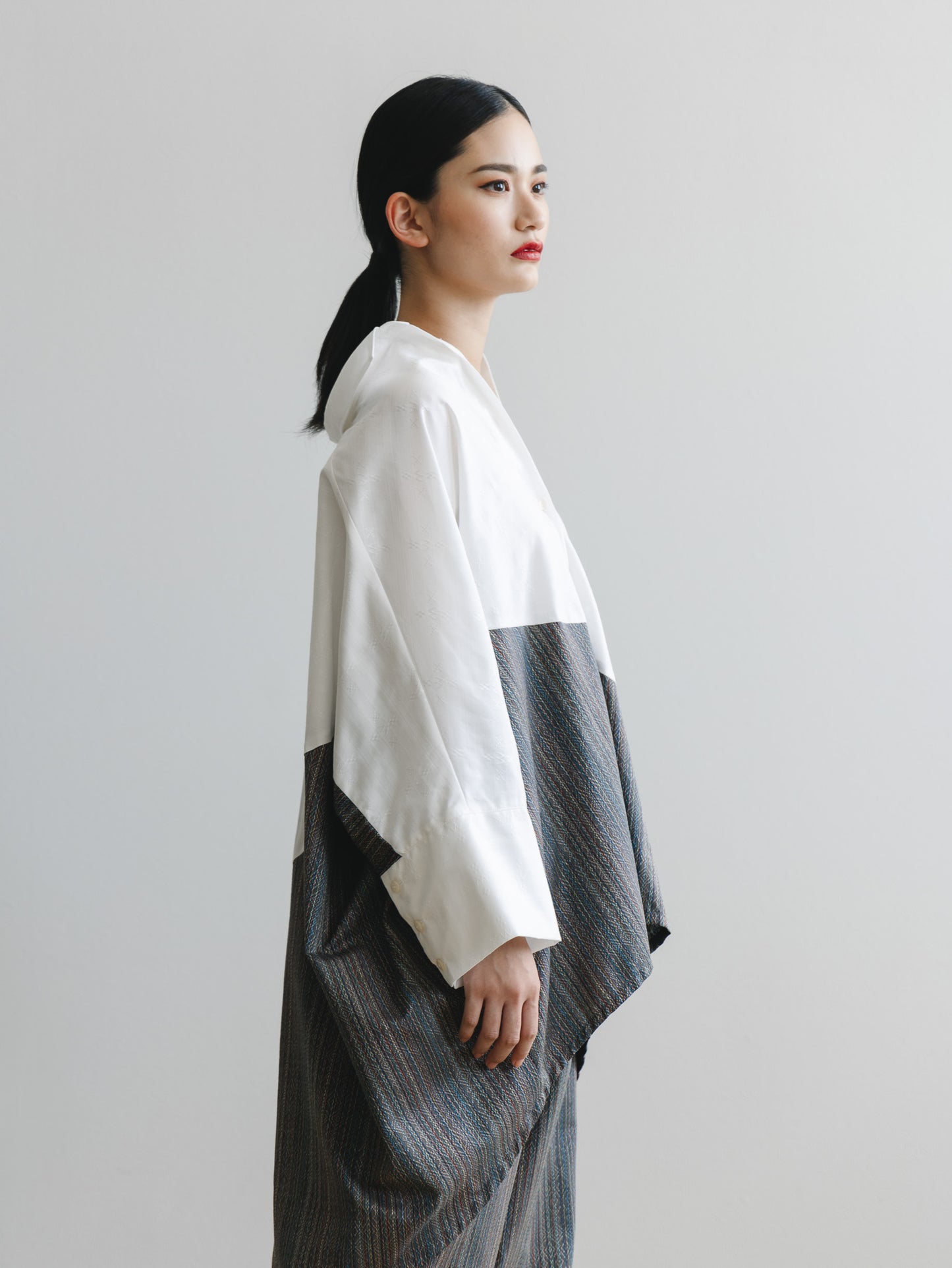 【YOAKE】2WAY長袖シャツチュニック (White×Gray)