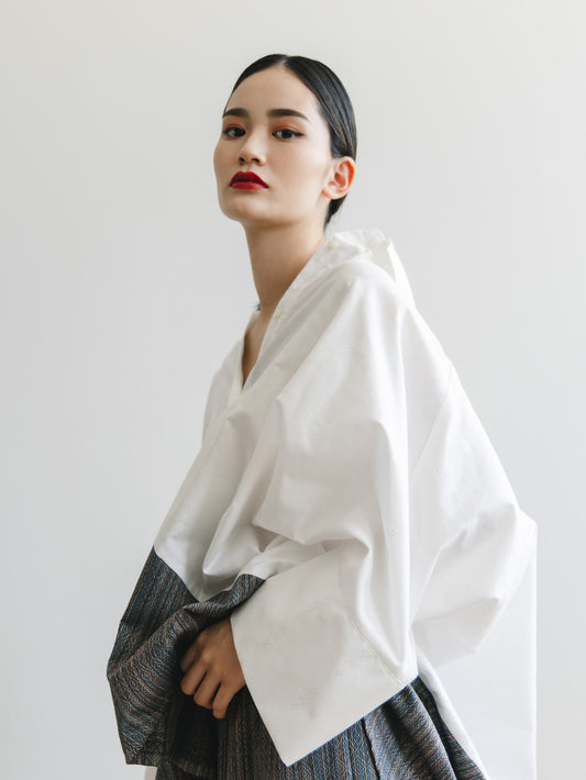 【YOAKE】2WAY長袖シャツチュニック (White×Gray)