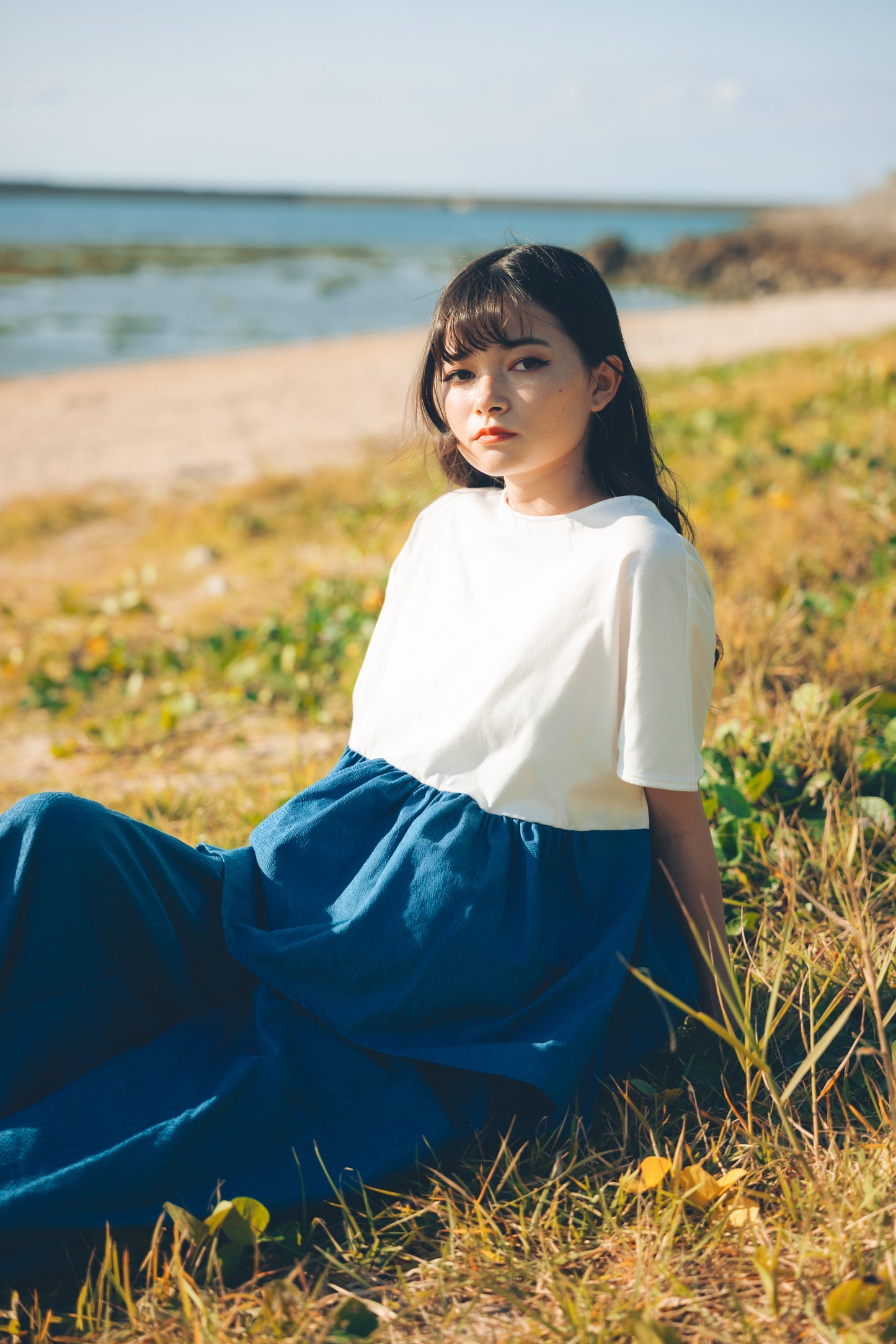 【YOAKE】 ギャザーTOPS(White×Blue)