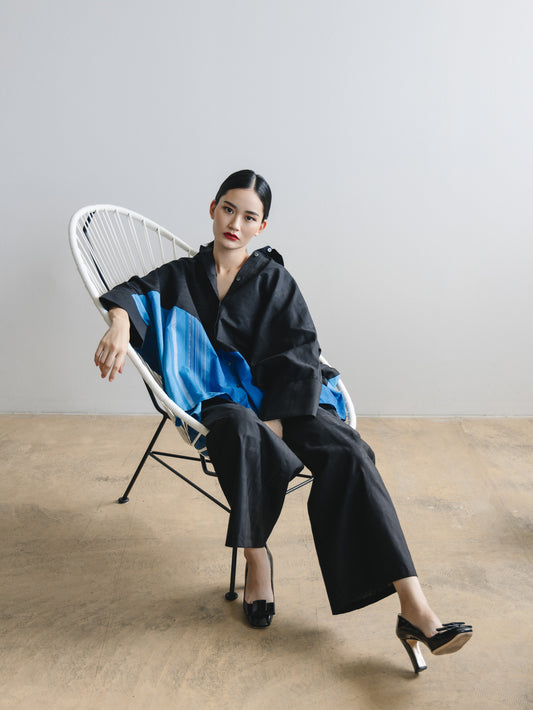 【YOAKE】2WAY長袖シャツチュニック (Black×Blue)