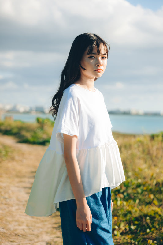 【YOAKE】 ギャザーTOPS(White×White)