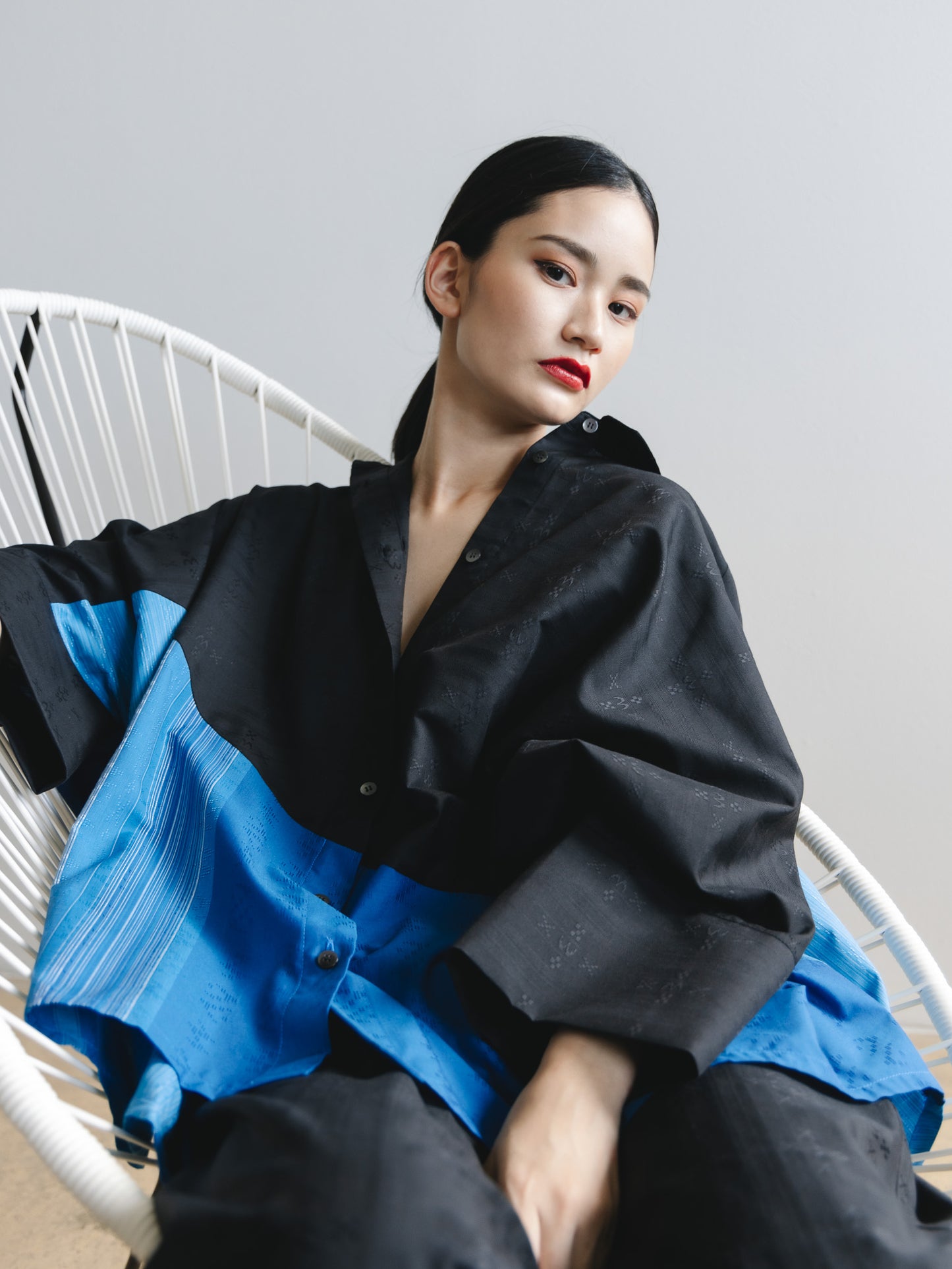 【YOAKE】2WAY長袖シャツチュニック (Black×Blue)