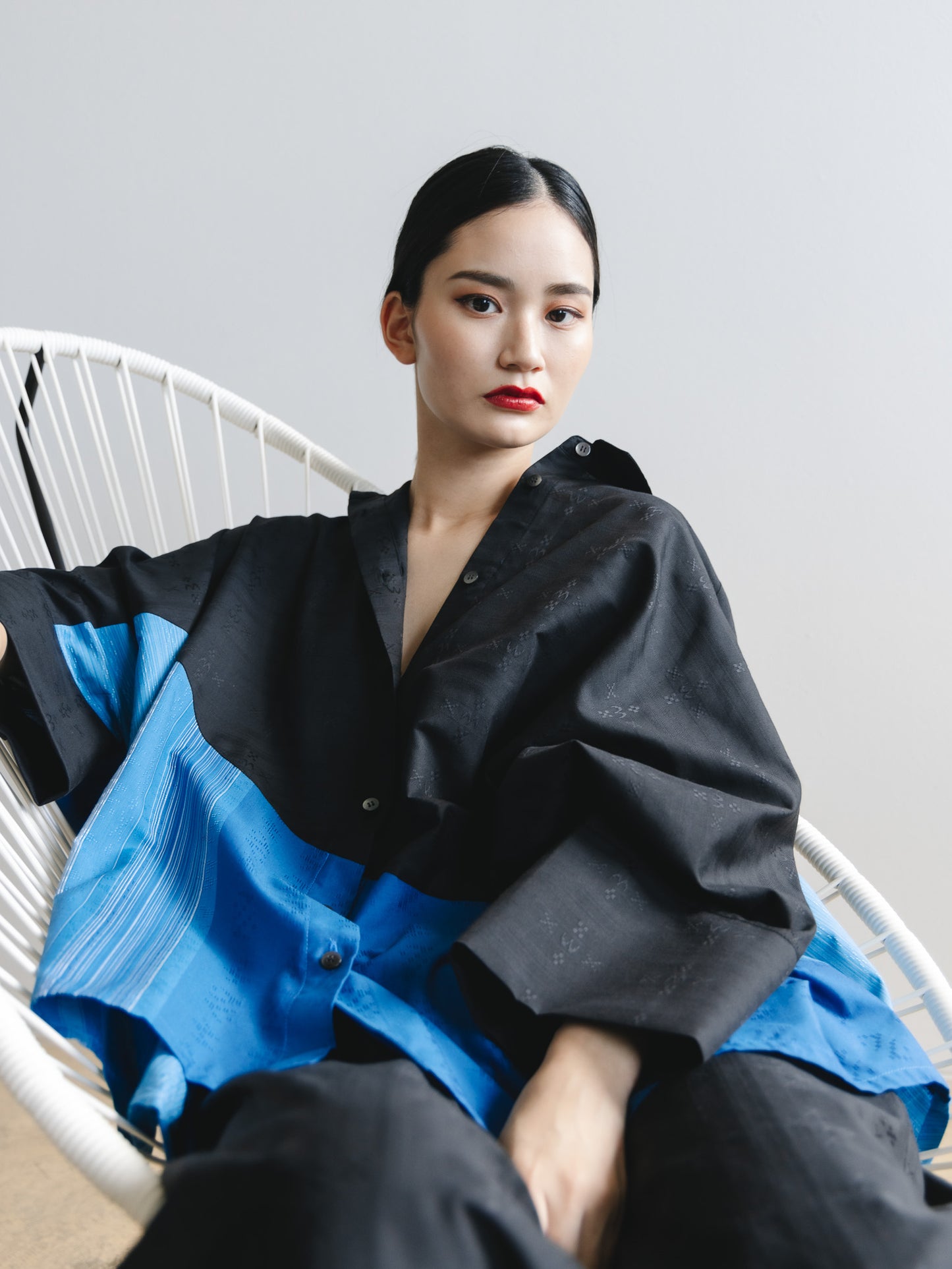 【YOAKE】2WAY長袖シャツチュニック (Black×Blue)
