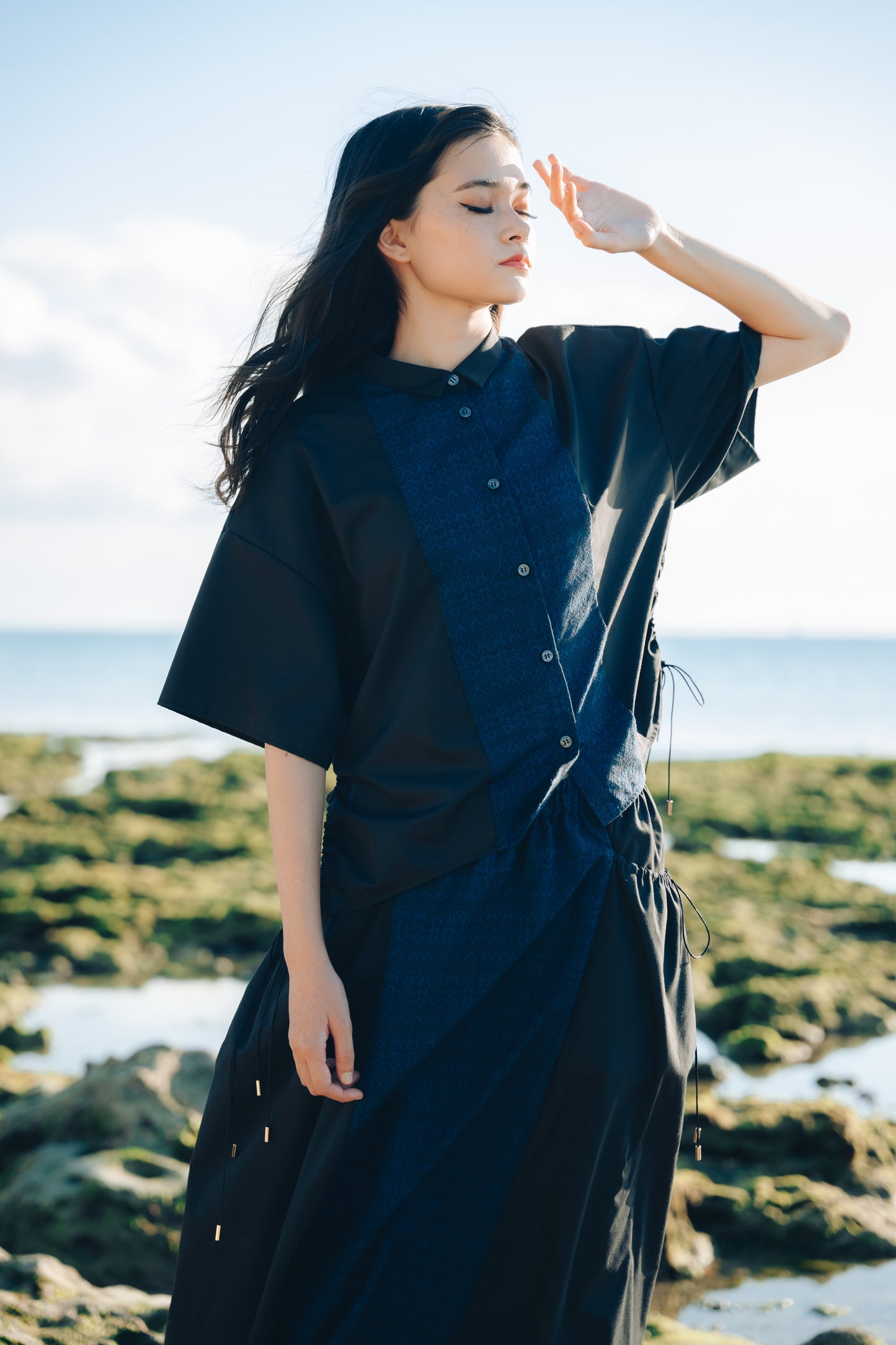 【YOAKE】 ロングギャザースカート(Black)