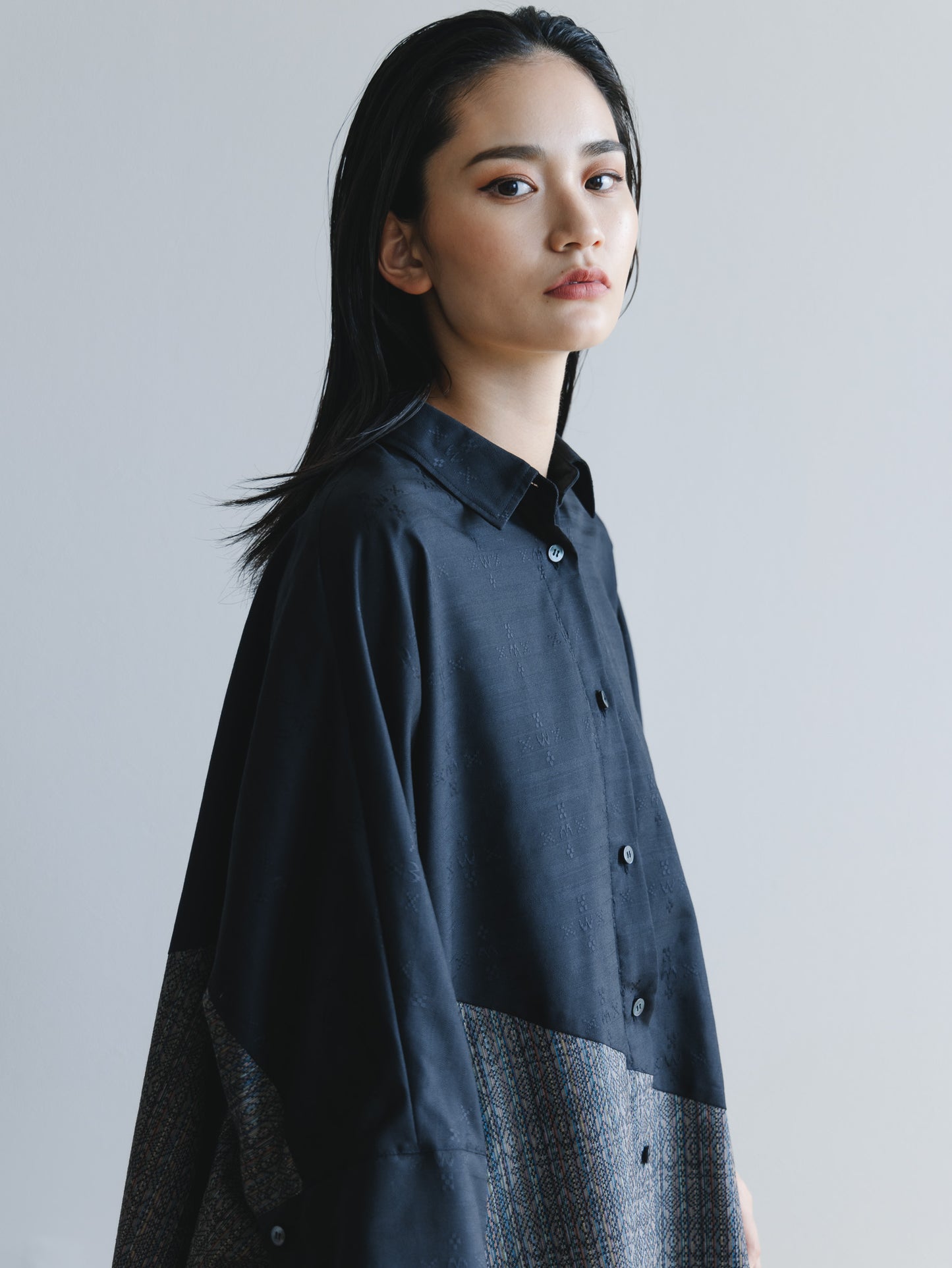 【YOAKE】2WAY長袖シャツチュニック (Black×Gray)