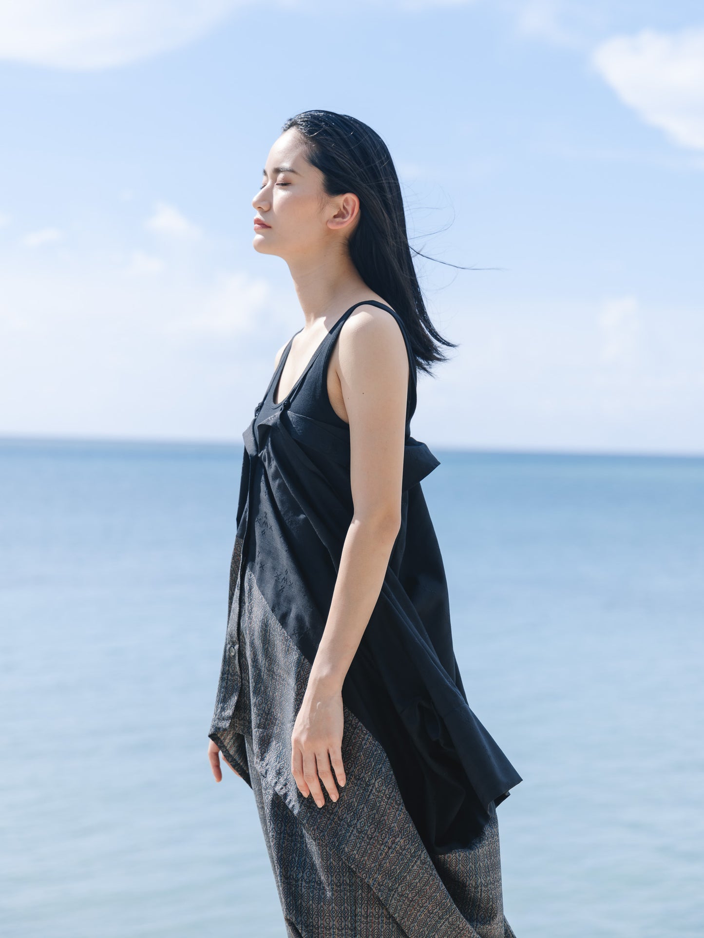 【YOAKE】2WAY長袖シャツチュニック (Black×Gray)