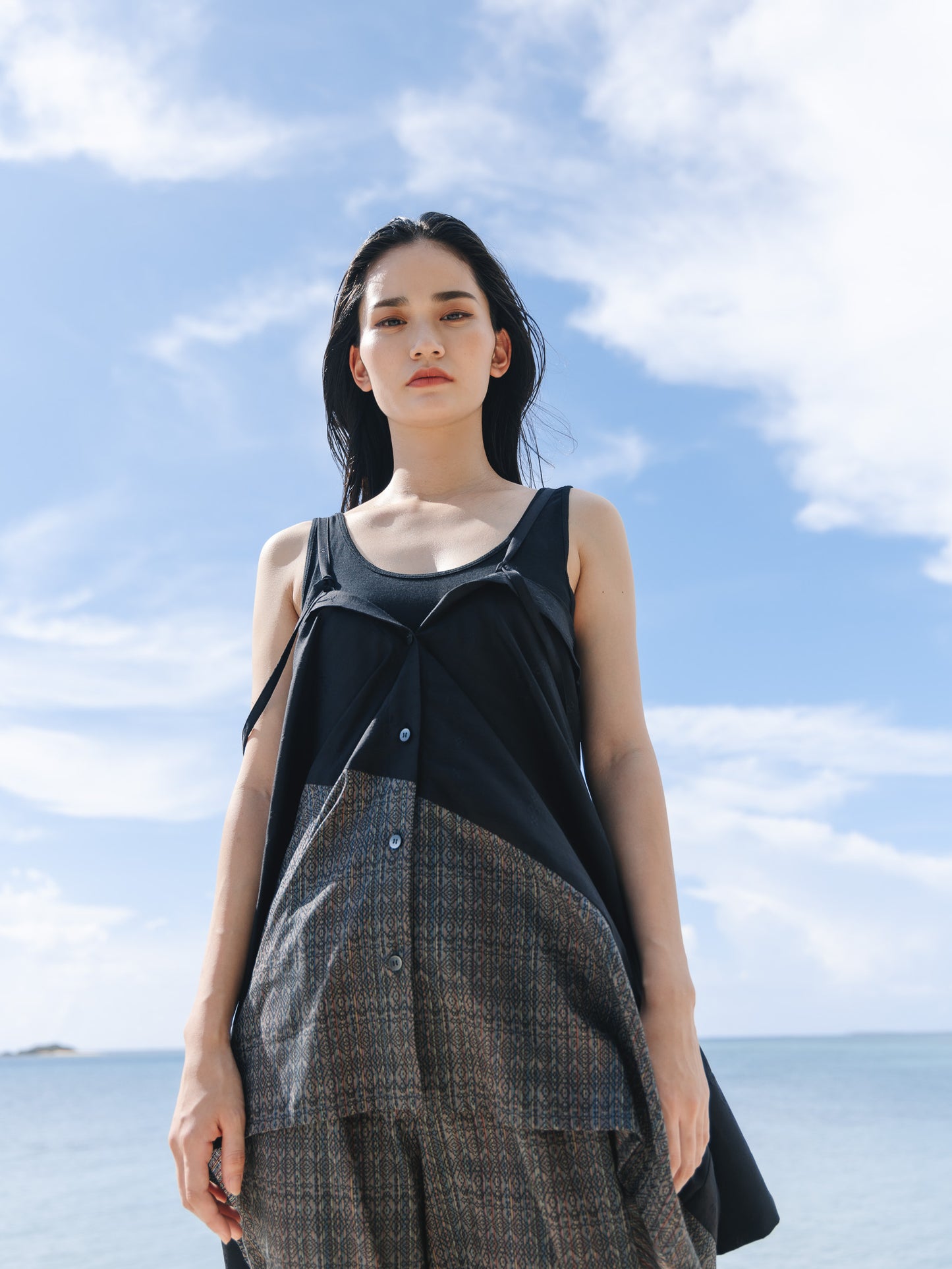 【YOAKE】2WAY長袖シャツチュニック (Black×Gray)