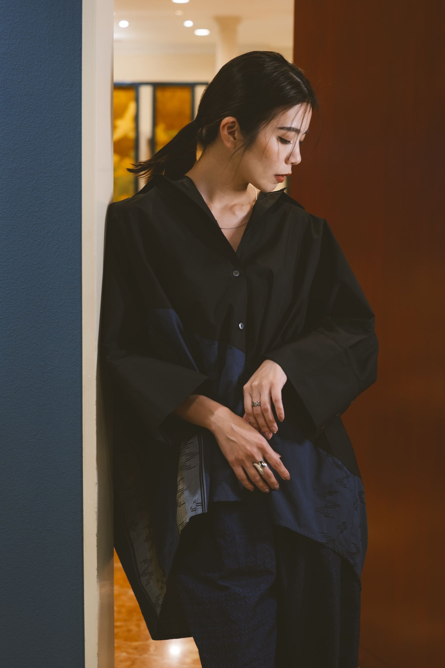 【YOAKE】切替シャツ (Black×Navy)