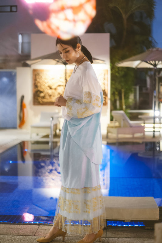 【YOAKE】チュール刺繍ロングスカート (Light blue)