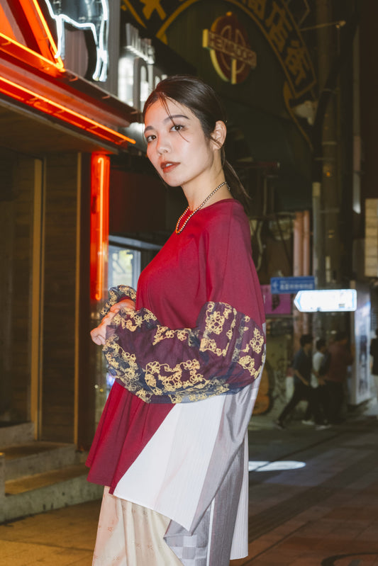 【YOAKE】チュール刺繍パフスリーブチュニック (Wine red)