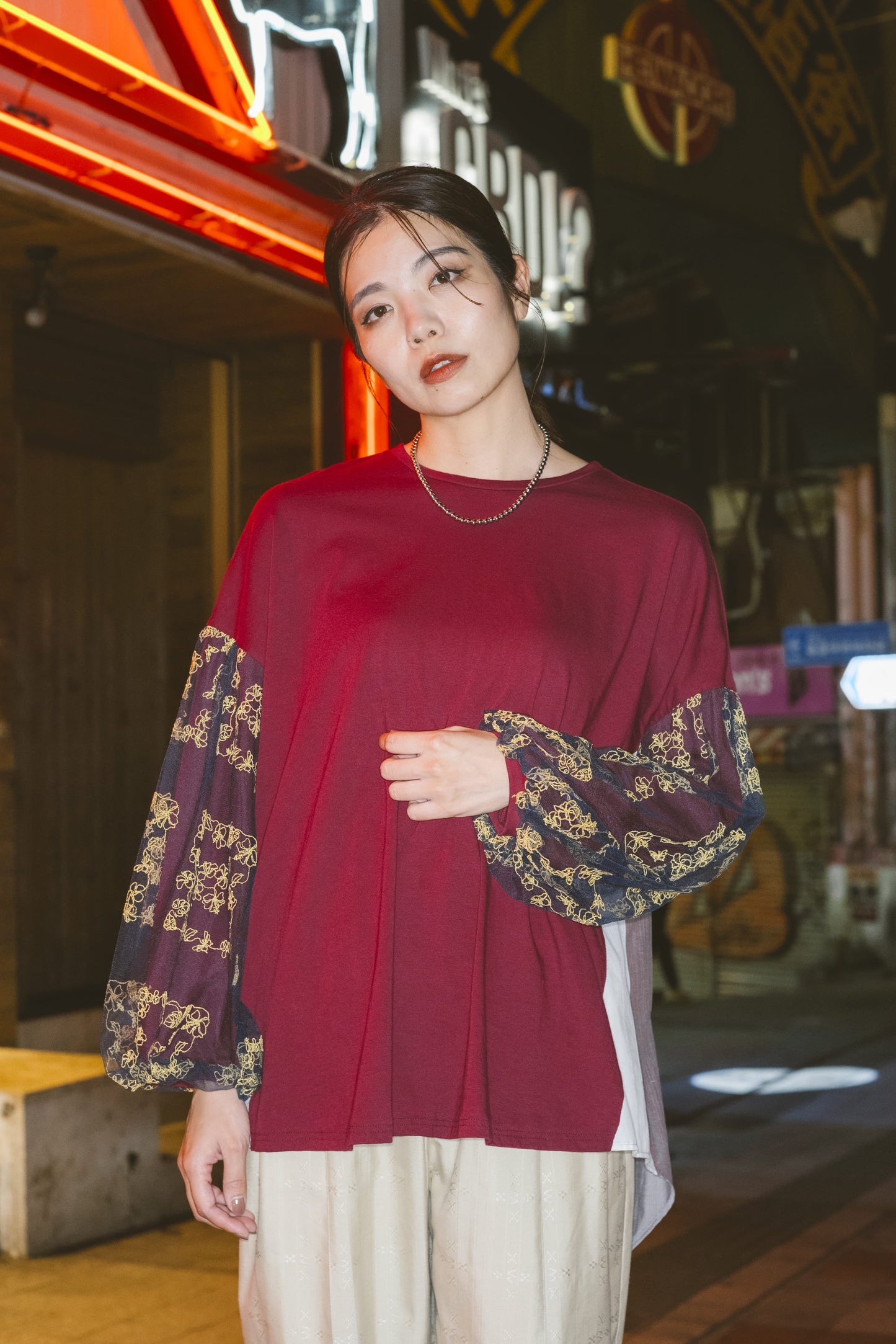 【YOAKE】チュール刺繍パフスリーブチュニック (Wine red)