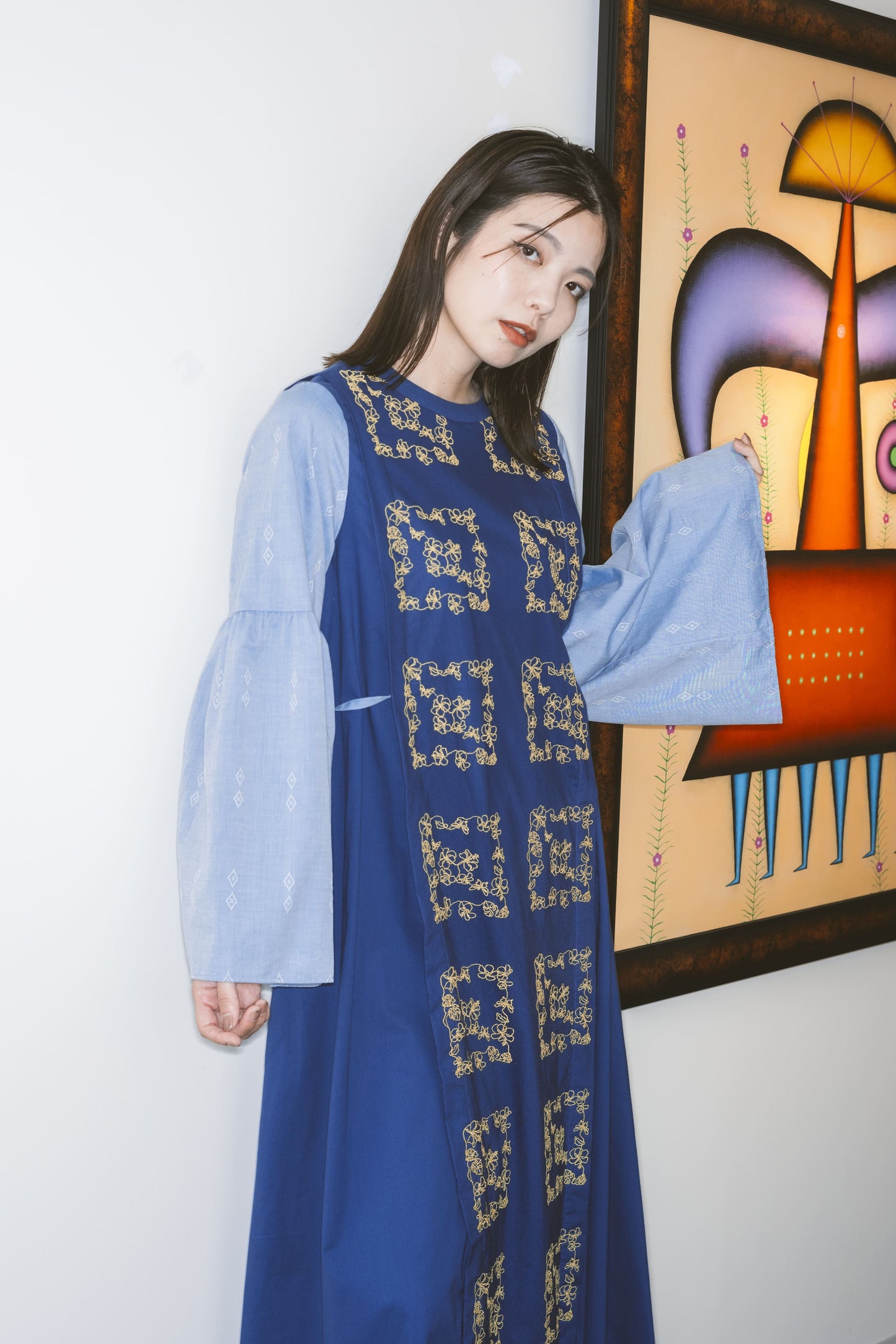 【YOAKE】チュール刺繍ロングワンピース (Blue)