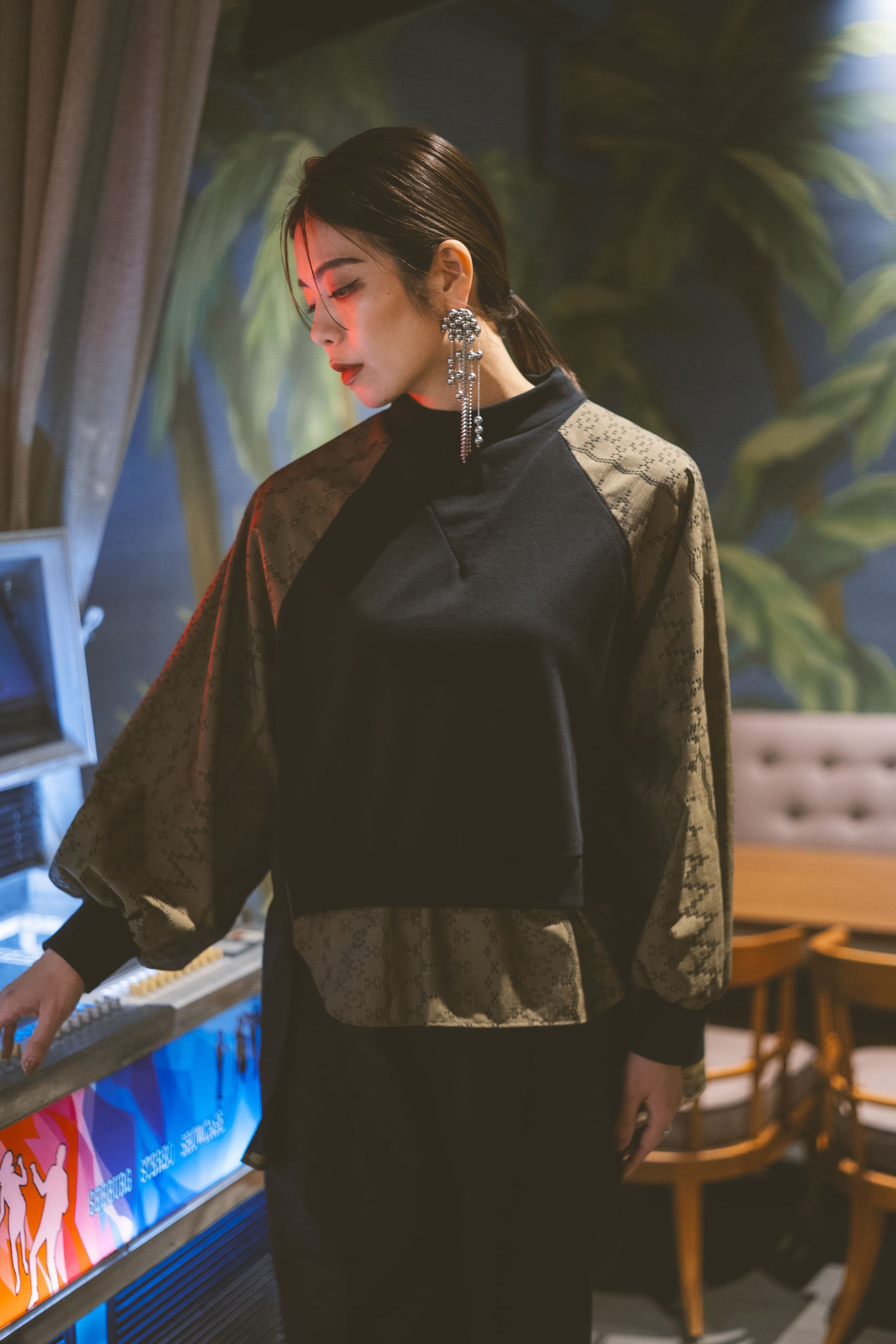 花織 チュニック オリーブグリーン ジャガード織り 大人カジュアル レディース