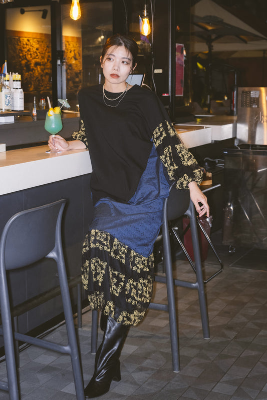 【YOAKE】チュール刺繍パフスリーブチュニック (Black)