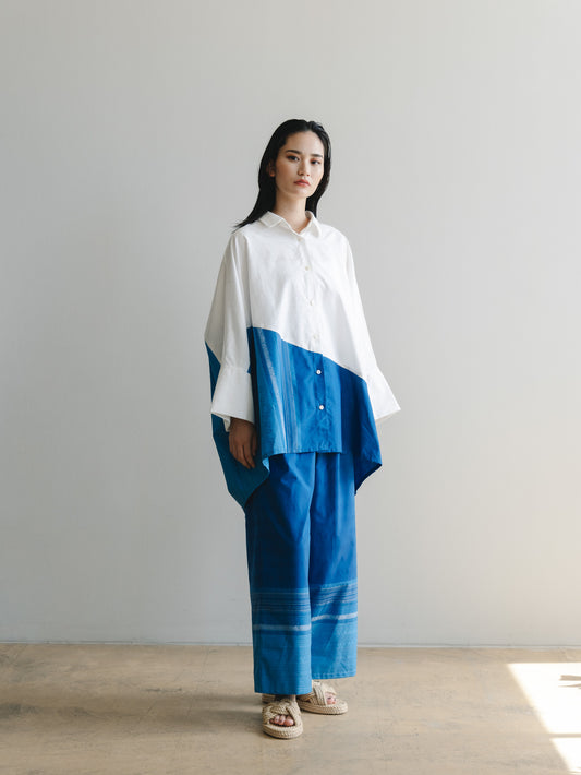 【YOAKE】2WAY長袖シャツチュニック (White×Blue)