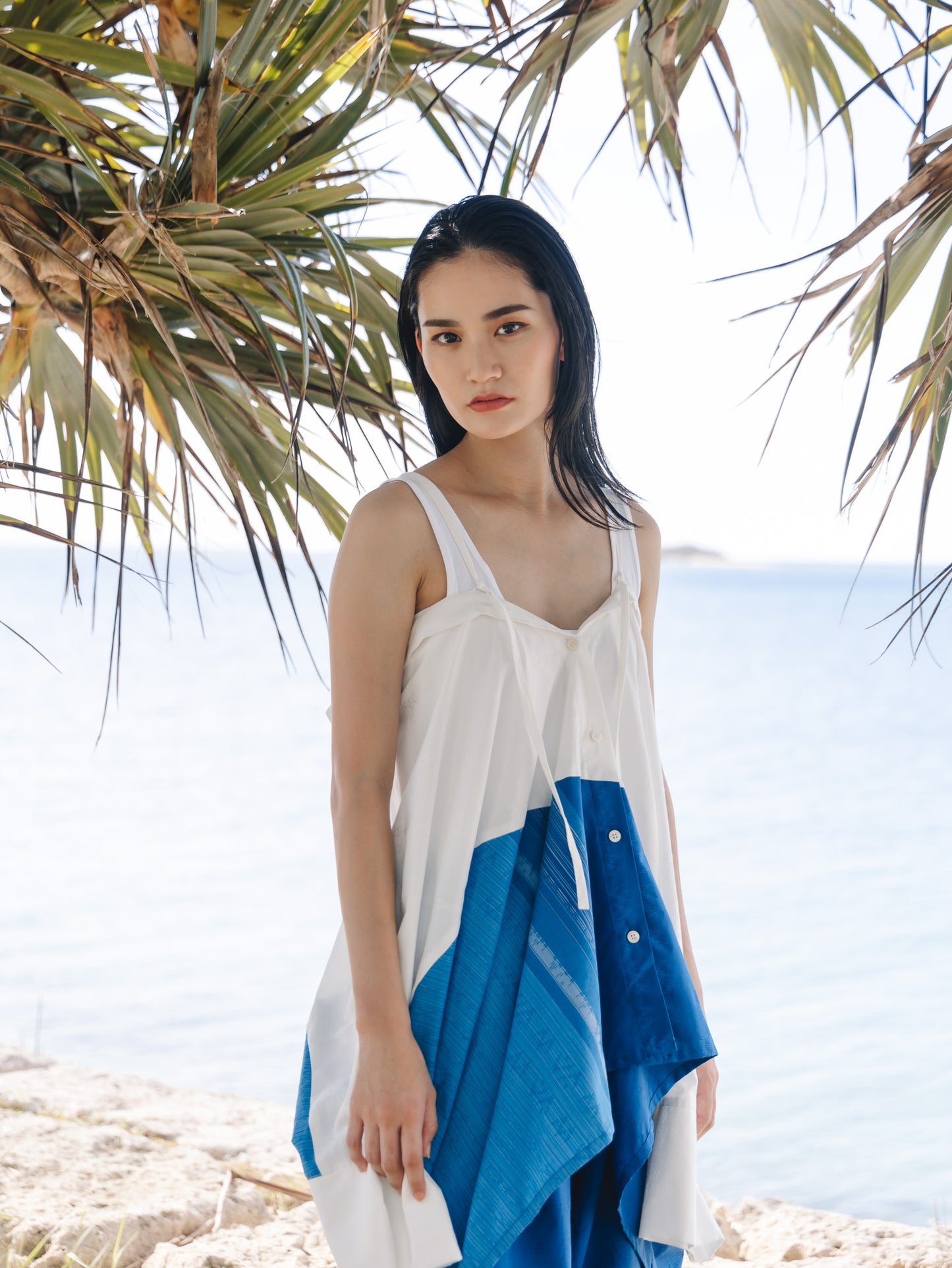 【YOAKE】2WAY長袖シャツチュニック (White×Blue)