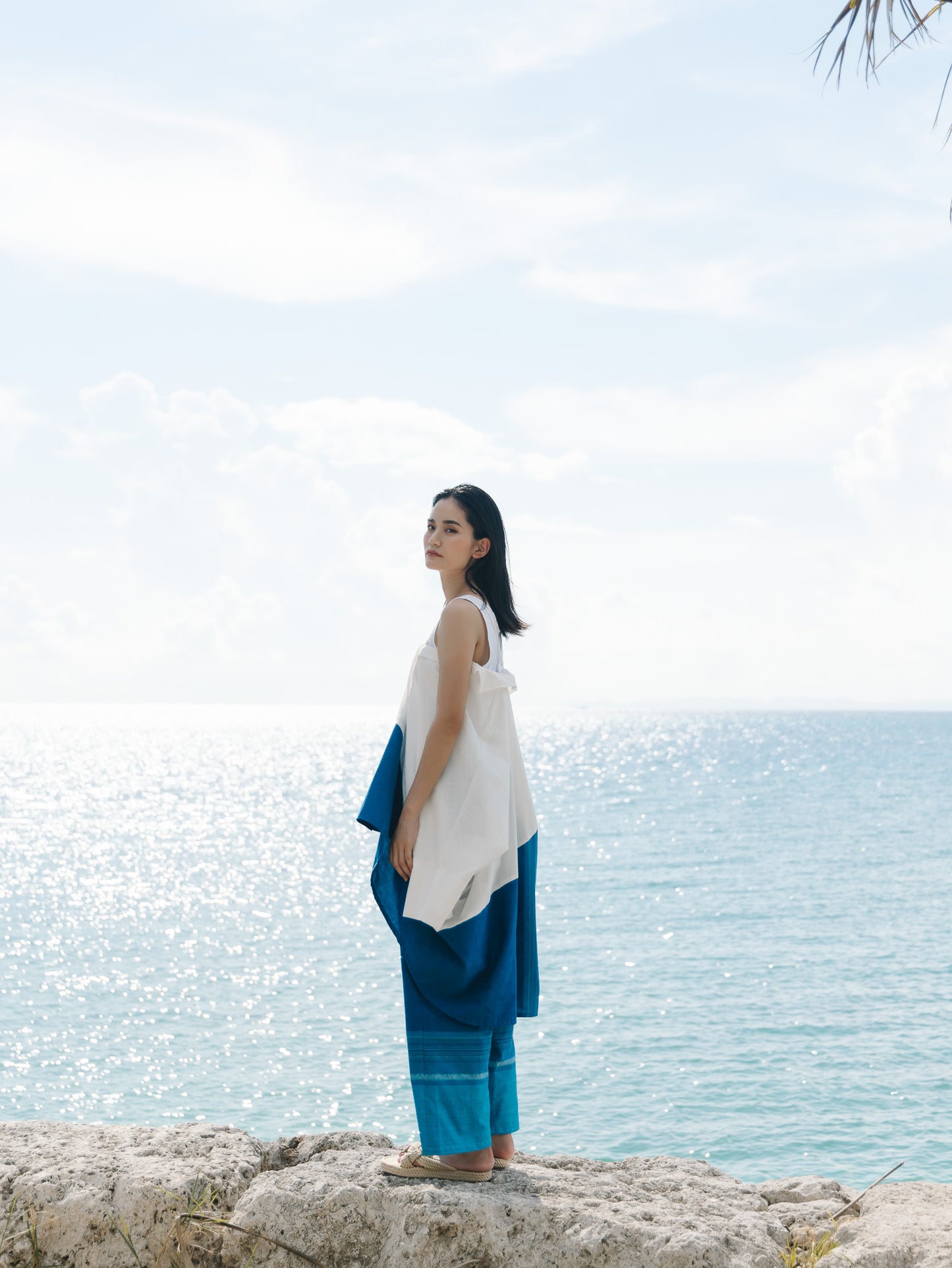 【YOAKE】2WAY長袖シャツチュニック (White×Blue)