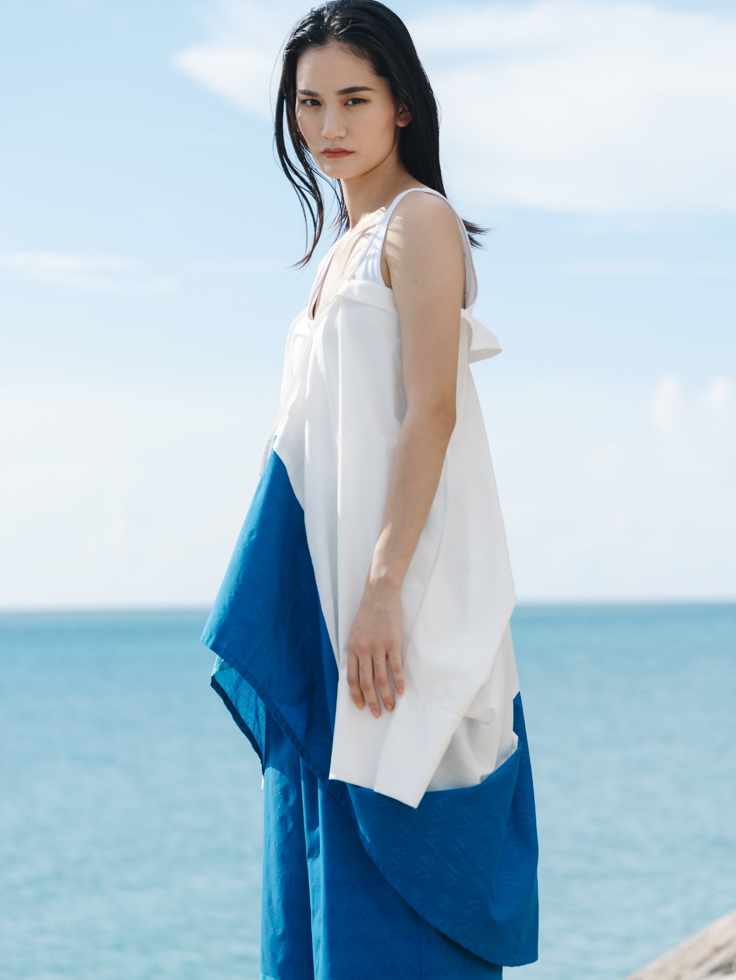 【YOAKE】2WAY長袖シャツチュニック (White×Blue)