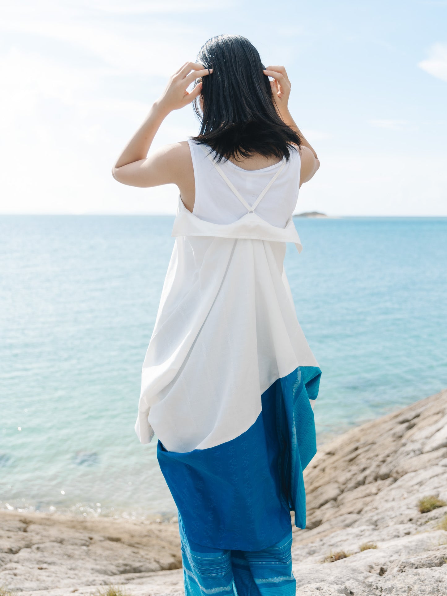 【YOAKE】2WAY長袖シャツチュニック (White×Blue)