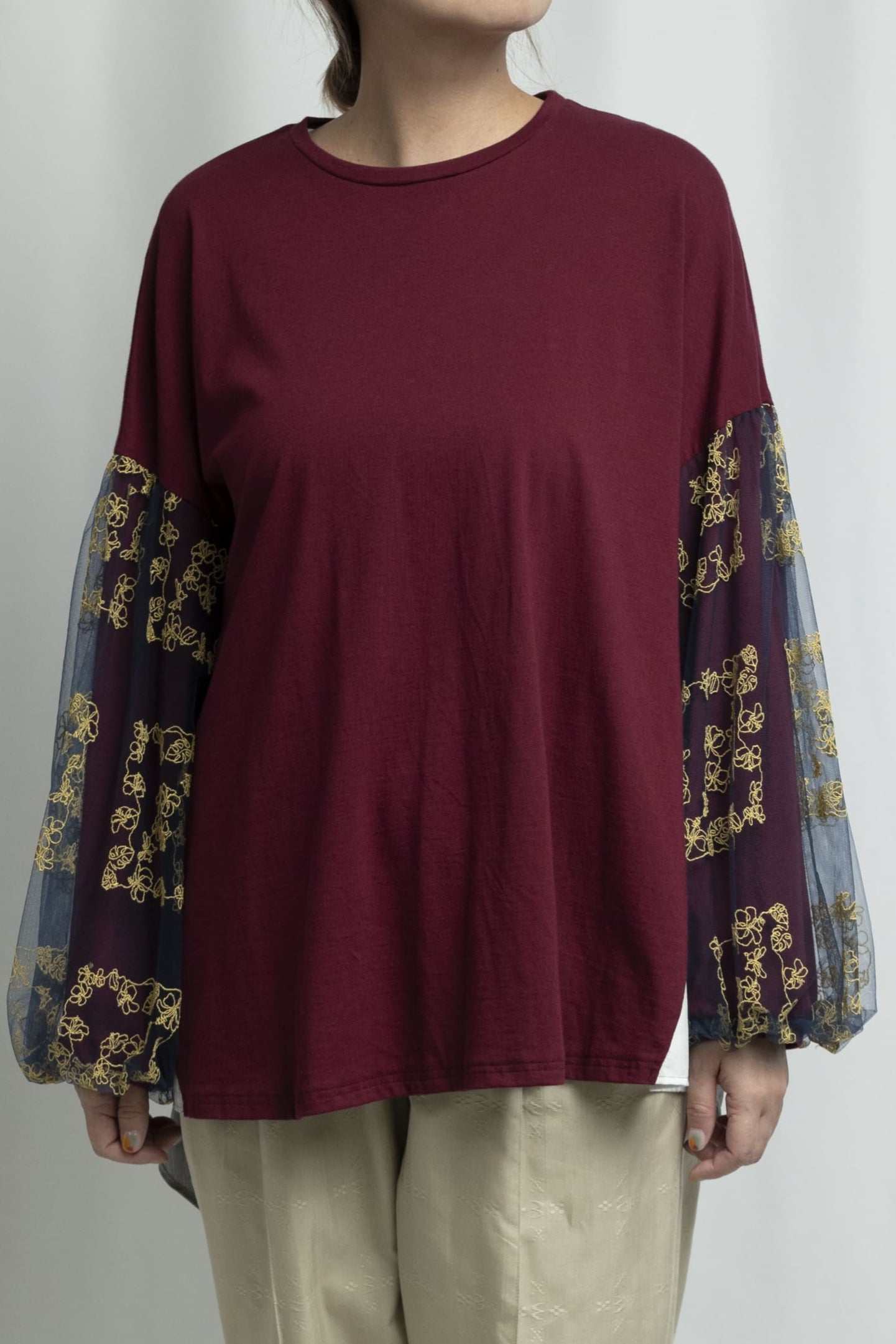 【YOAKE】チュール刺繍パフスリーブチュニック (Wine red)